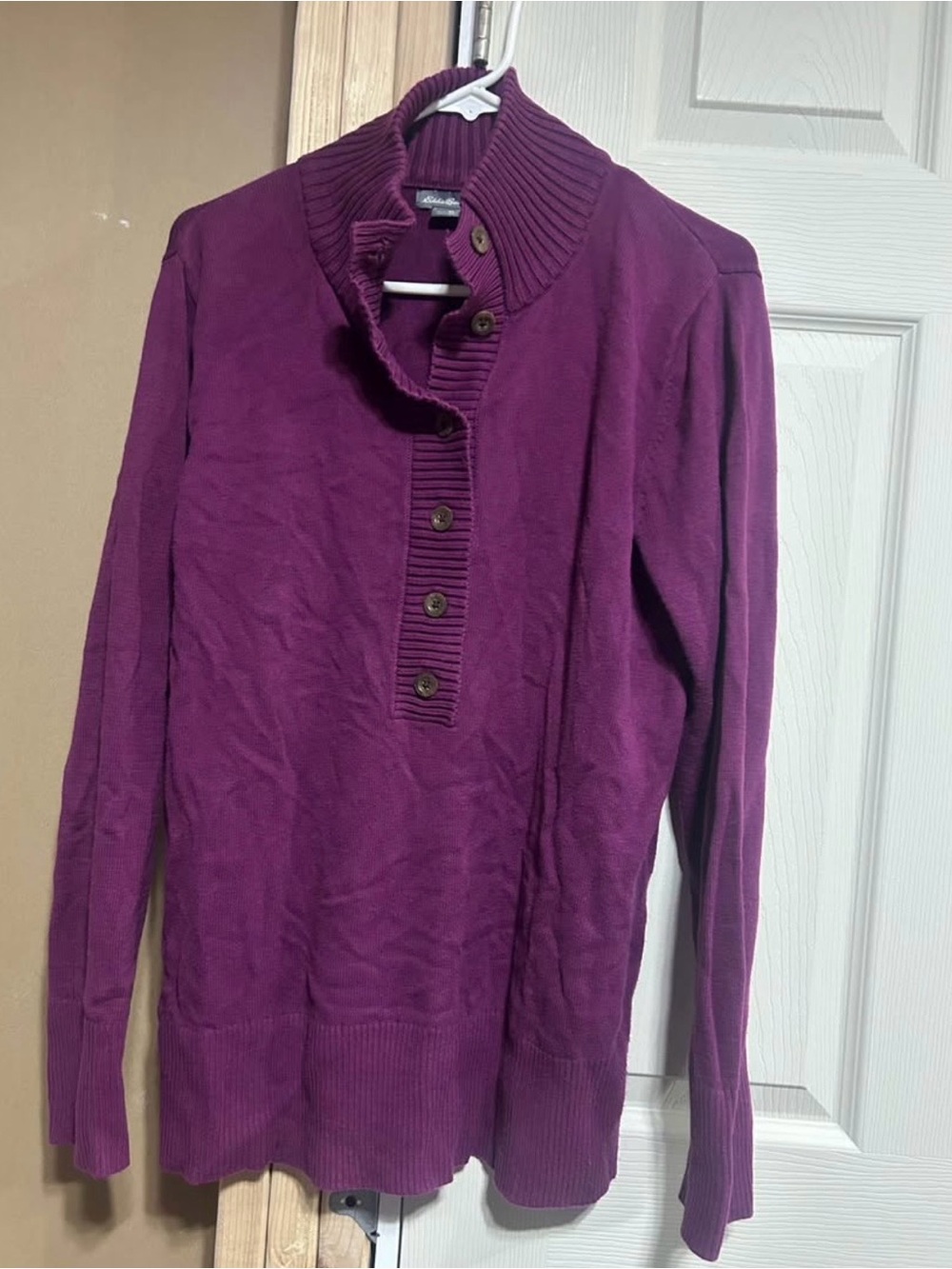 Eddie Bauer Button-Front Ribbed Funnel Neck Sweater - Purple